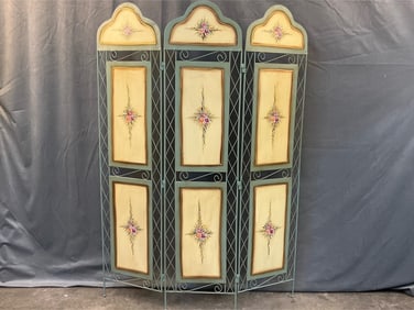Hand painted Tuscan style room divider with faux-framed floral design. In good condition. Measures