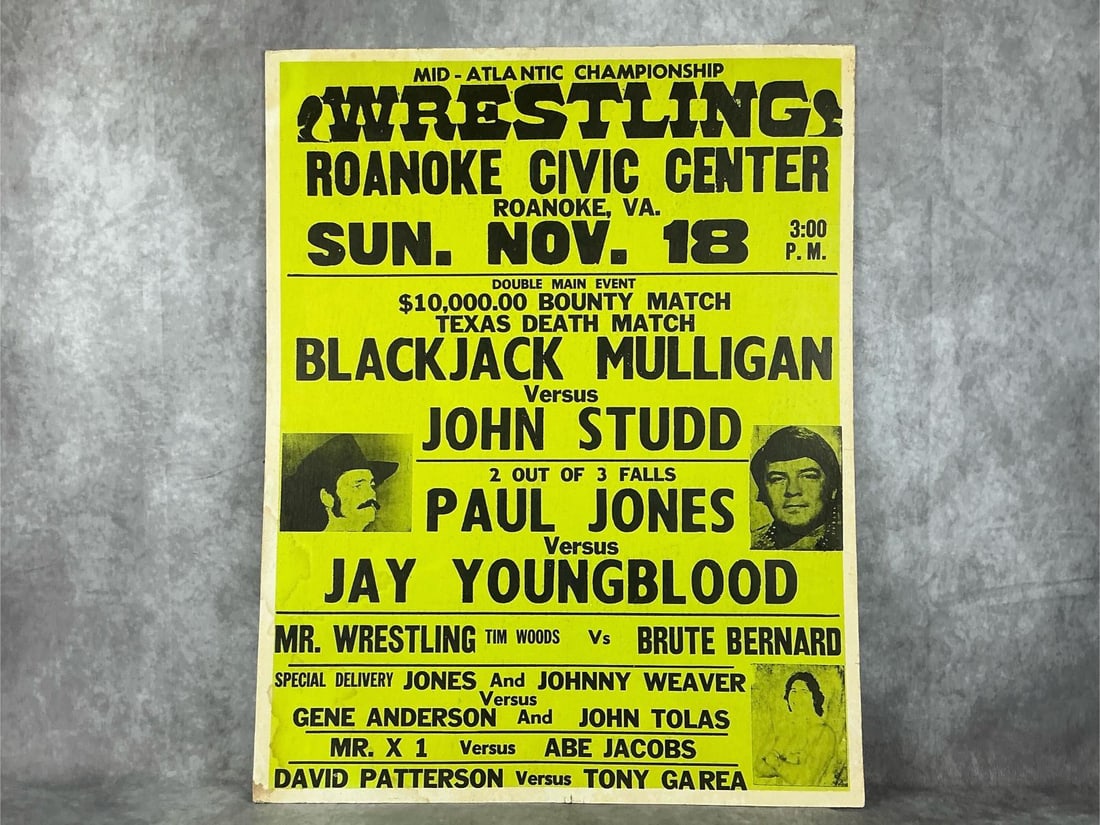 Professional Wrestling Poster: Circa 1975 Professional Wrestling Mid - Atlantic Championship poster advertising match at Roanoke Civic Center Roanoke, Virginia. Poster announcing "Double Main Event $10,000 Bounty Match", and "Texas