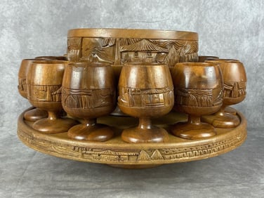 Monkey Pod Lazy Susan Punch Bowl and Cups