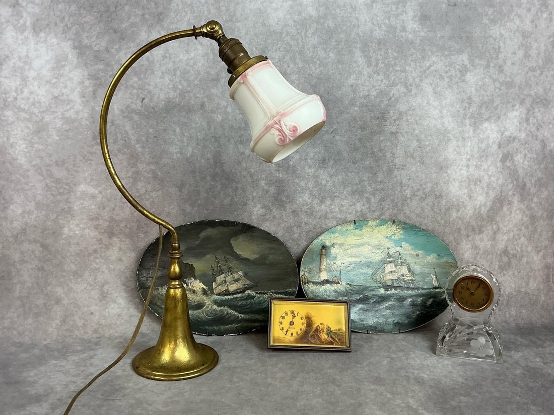 Antique Desk Lamp, Seascape Paintings, & Clocks (1 of 15)