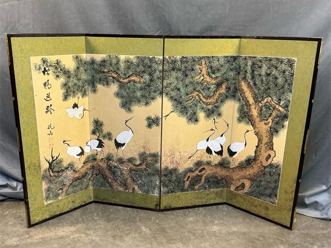 Asian Folding Four Section Fabric and Paper Screen: Late 20th century four section hand painted fabric and paper folding Asian screen with foliage and cranes. Several areas of paper missing with several areas of water damage to both paper and fabric. M