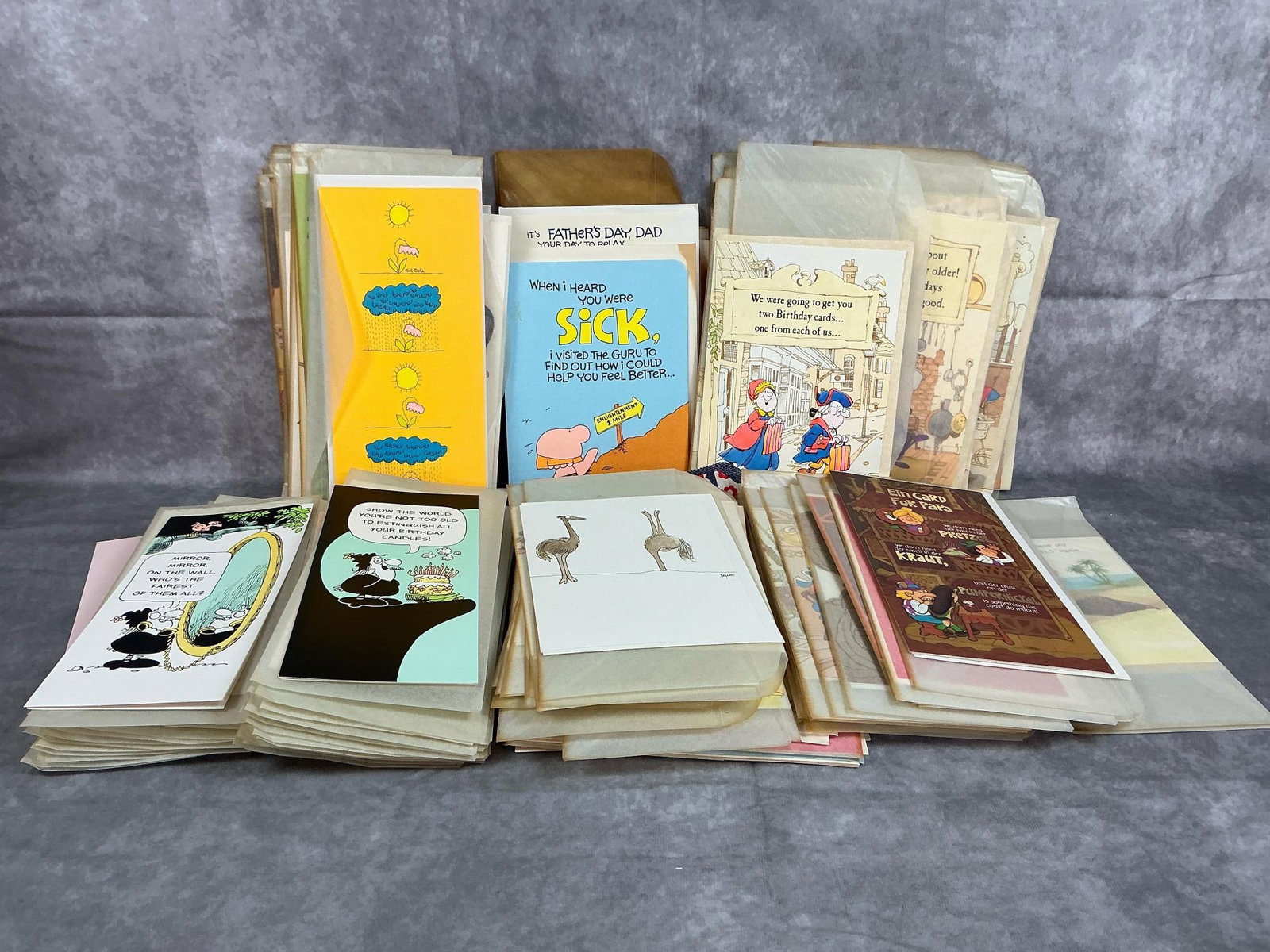 Greeting Cards: Over 100 unused vintage greeting cards with envelopes. Includes Broom Hilda, Doodle Dandies, Hallmark, and more. Good condition, not examined out of envelopes. Largest measures 7 inches wide x 10.5 in