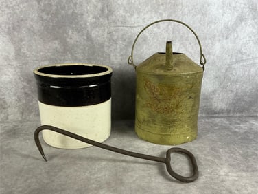 Crock, Kerosene Can, & Hay Bale Hook