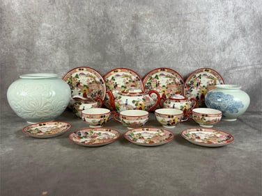 Japanese Tea Set and Two Decorated Asian Vases