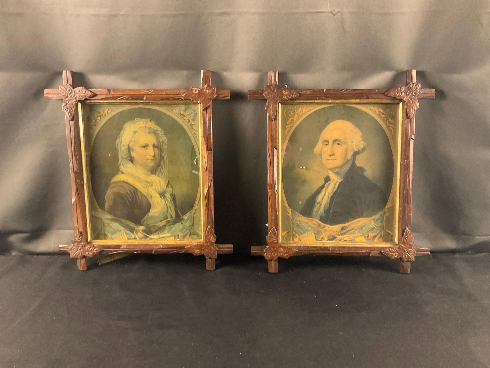 George - Martha Washington Lithographs: Circa 1880's pair of walnut framed lithographs published by H. Halley & Co. Portland, Maine. Period carved walnut frames with original wavy glass. Trimmed edges to both lithographs. Backboards taped t