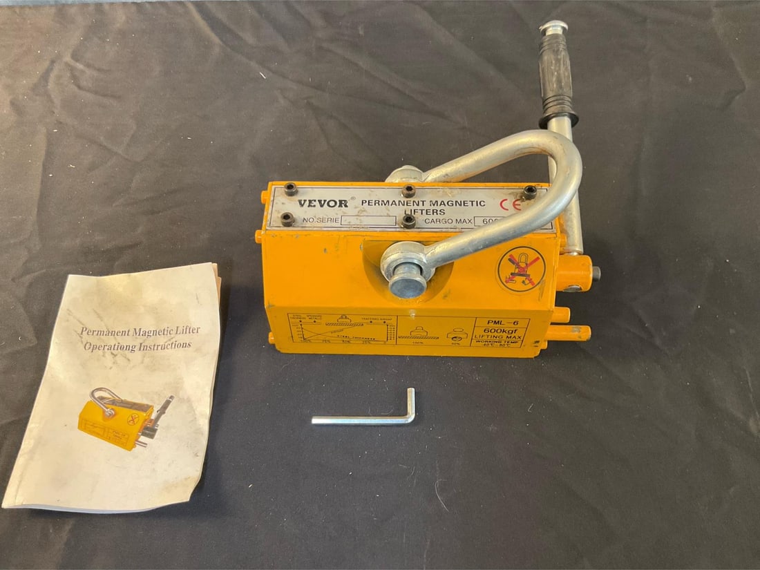 Vevor Permanent Magnet Lifter: PML-6 1300 lb capacity, lifting magnet. Suitable for use with any flat iron or steel surface. Used, otherwise in good condition. Measures 11 inches long X 5 inches wide and 7 inches high.