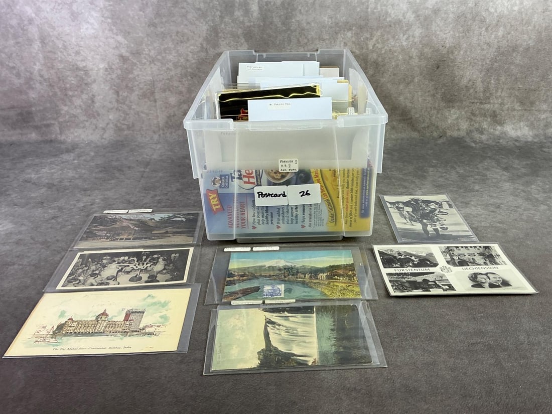 Approximately 50 Postcards: Lot of approximately fifty postcards including locational, Disney, black Americana, and more. All in good condition and in plastic protective sleeves, contains circulated and non. Box containing postc