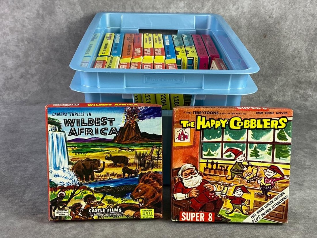 Super 8 Films: Lot of twenty one super 8 films including Wrong Way Willie, Wildest Africa, The Happy Cobblers, and more. All in good condition and in original boxes. Not viewed. Each measures 5.25 inches wide x 5.25