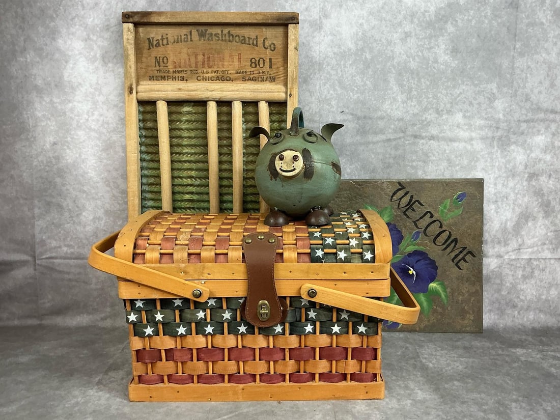 Outdoor Fun: National Washboard Co. copper washboard, American flag picnic basket with blue gingham interior, hand painted Welcome tile with flowers, and a modern metal pig watering can. Tarnish to washboard and m