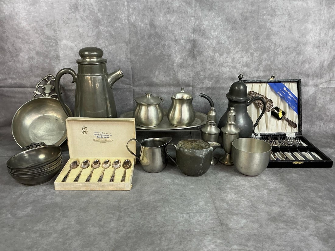 Pewter Serving Set: Six piece Web Pewter serving set; includes tray, cream and sugar, salt and pepper, and one cup. Crescent pewter coffee pot, Web Pewter serving set, David Anderson silver plate spoons, and Sheffield En