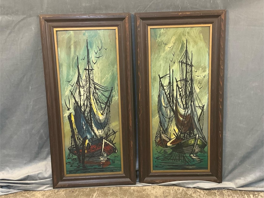 Oil Paintings: Mid 20th century pair of oil paintings on board of sailboats. Illegible signatures. Some water damage to backsides of frames not affecting paintings. Measures 17.5 inches wide x 1 x 35 inches tall.