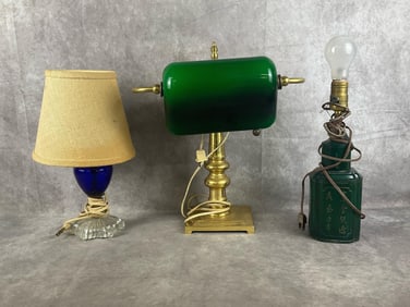 Banker's Lamp and Cobalt Converted Oil Lamp.