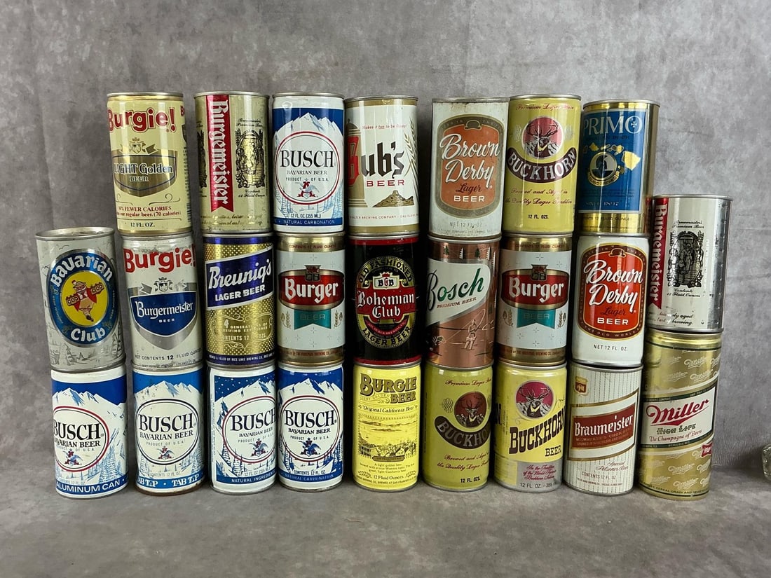 Collectible Beer Cans: An assortment of 1970's-1980's pull tab top domestic vintage beer cans. Twenty seven total three total beer cans. Busch Bavarian Beer, Burgie Beer - "Original California Beer", Braumeister, Buckhorn,