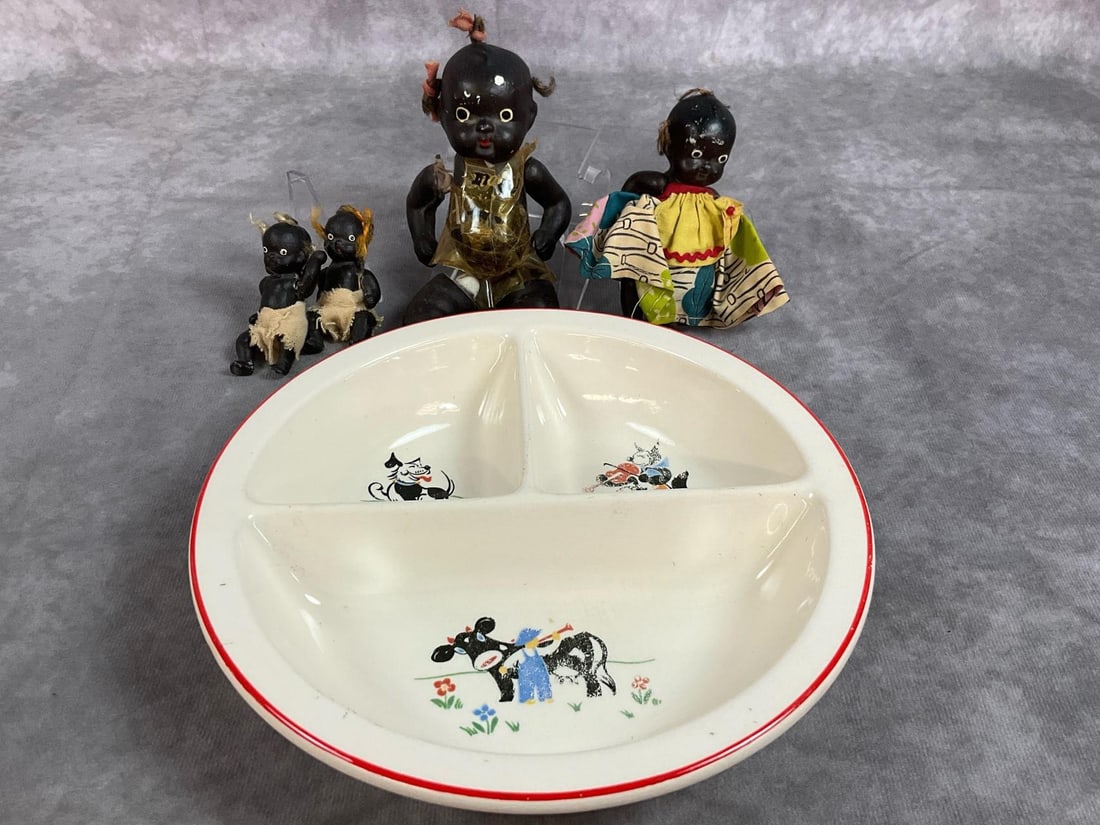 Vintage Black Bisque Dolls & Child’s Plate: Four early 1900s dolls and mid century bowl. Black bisque jointed dolls and Salem china divided child’s plate. Largest doll is taped together, with some paint loss on dolls. Plate is in good