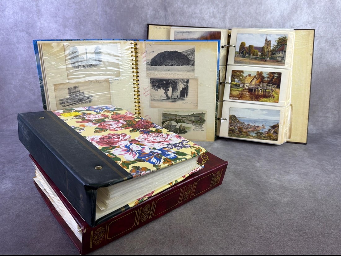 Approximately 400 Postcards: Includes tourist, town views, German, London, New York, and more. Circulated and non, poor to good condition. All have plastic sleeves in binders. Largest binder measures 11.25 inches wide x 11.25