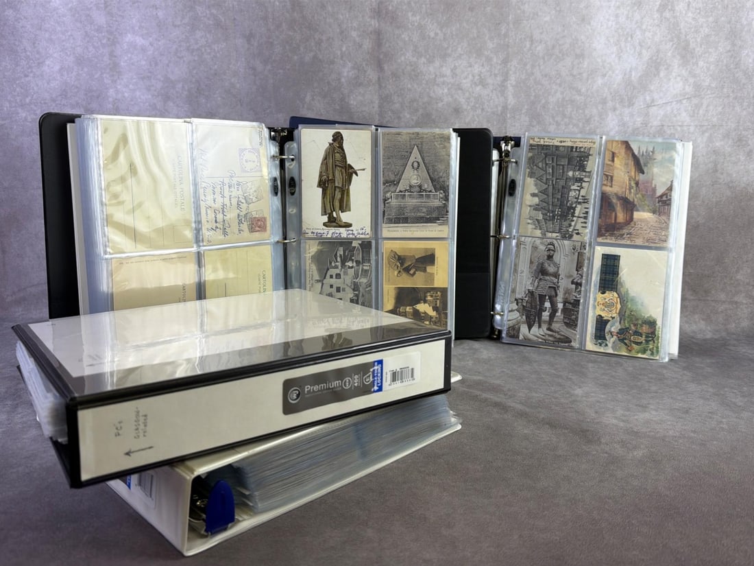 Approximately 400 Postcards: Includes tourist, town views, German, London, New York, and more. Circulated and non, poor to good condition. All have plastic sleeves in binders. Each binder measures 11.25 inches wide x 11.25