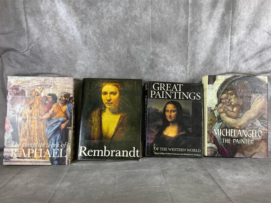 Art Books: Four late 20th century art books. One “The Complete Work of Raphael”, published by Harrison House, copyright 1969. One “Michelangelo The Painter”, published by Harry N. Abram’s,