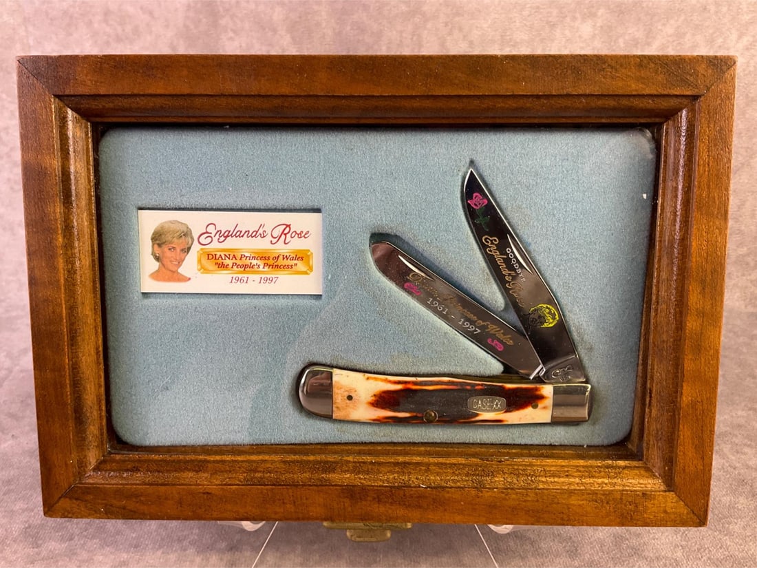 Case XX Collectible Pocket Knife: Case XX collectible pocket knife commemorating Diana, Princess of Wales. Trapper style with blades etched and tight snap, unsharpened. Comes in fitted wooden display box that measures 9 inches wide x