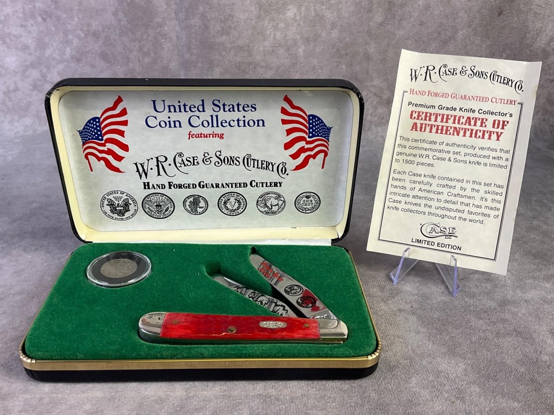 W.R. Case & Sons Knife: Case XX collector series coin and knife set commemorating an Indian Head Nickel. Trapper style with red bone handles, tight snap and unsharpened. Pattern stamp 6254 ss. Comes in original display case