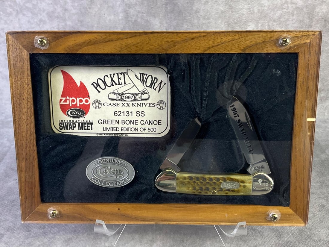 Case XX 1997 Swap Meet Knife: Case XX 1997 Swap Meet pocket worn green bone canoe limited edition knife. Number 110 of 500, presented in a display box. Pattern stamp 62131 ss. Display measures 8.75 inches wide x 5.75 inches tall.