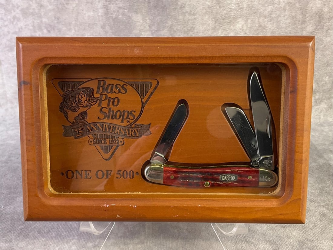 W.R. Case & Sons Knife: Case XX Bass Pro Shops 25th Anniversary stockman knife with red bone handle. Number 158 of 500, presented in a display box. Pattern stamp 6318 ss. Tight snap and unsharpened. Display measures 7.5 inch