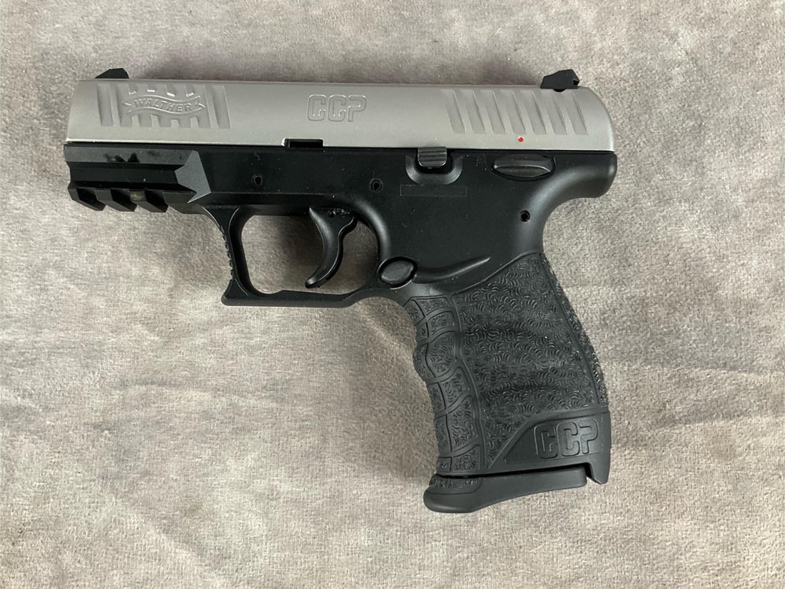 Walther CCP 9 MM Pistol: Serial # WK034375. Looks to have never been fired. Clean bore and in good condition. Includes hard plastic case extra magazine and cleaning brush. Barrel length 3.5 inches , overall length 6.5 inches.
