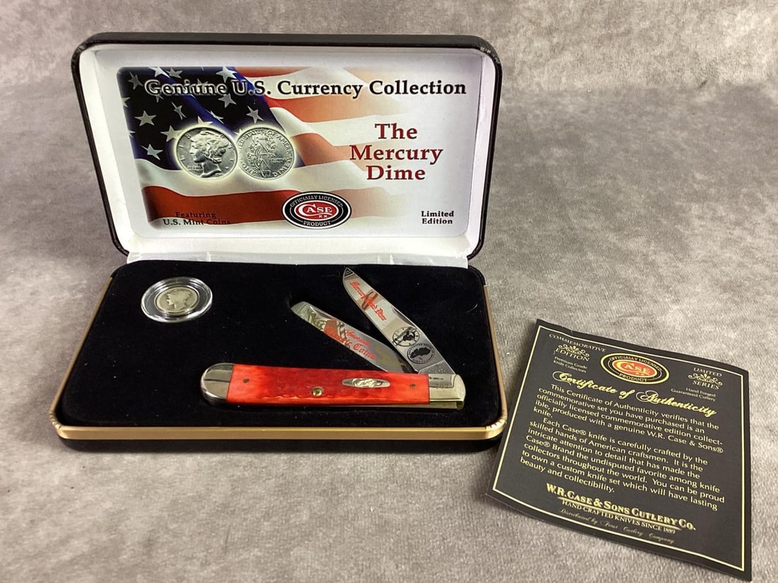 Case XX Coin & Knife Set: Case XX collector series coin and knife set commemorating the Mercury Dime. Trapper style with red bone handles, tight snap and unsharpened. Pattern stamp 6254 ss. Comes in original display case that