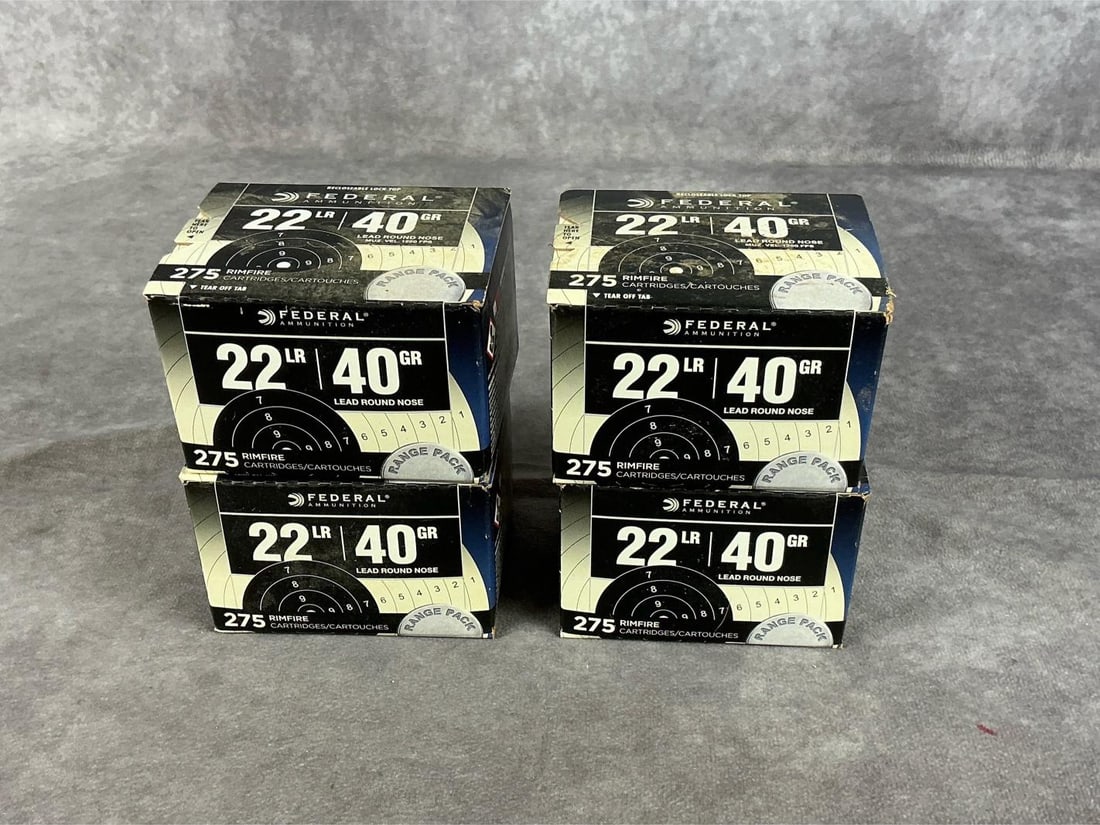 Federal 22 Long Rifle Ammunition: 1,100 rounds 40GR. Unopened boxes. Box measures 3.5 inches long X 3 inches wide X 2.25 inches high.