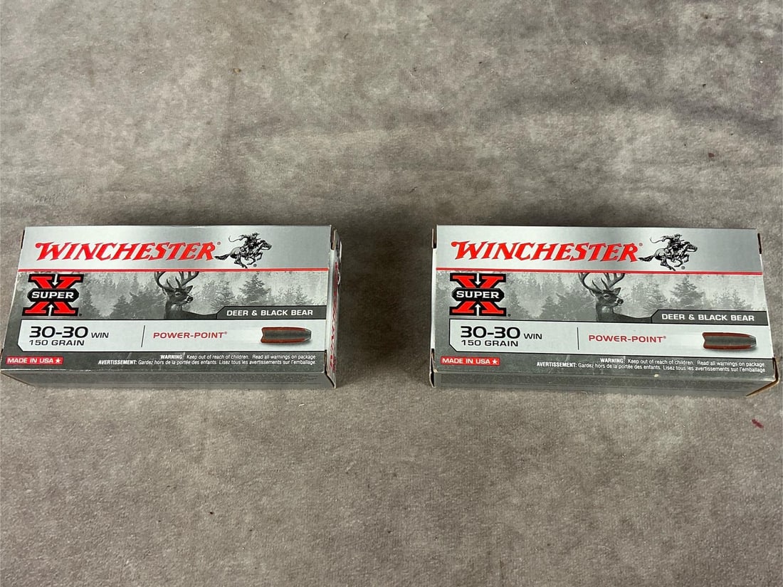 Winchester 30-30 Ammunition: 40 rounds total. 150 GR. Box measures 6 inches long X 3 inches wide X 1.5 inches high.