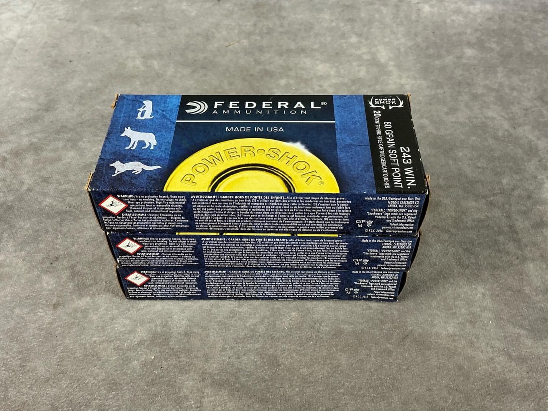 Federal 243 Win Ammunition: 60 rounds. 80 Gr . Box measures 6 inches long X 3 inches wide X 1.25 inches high.
