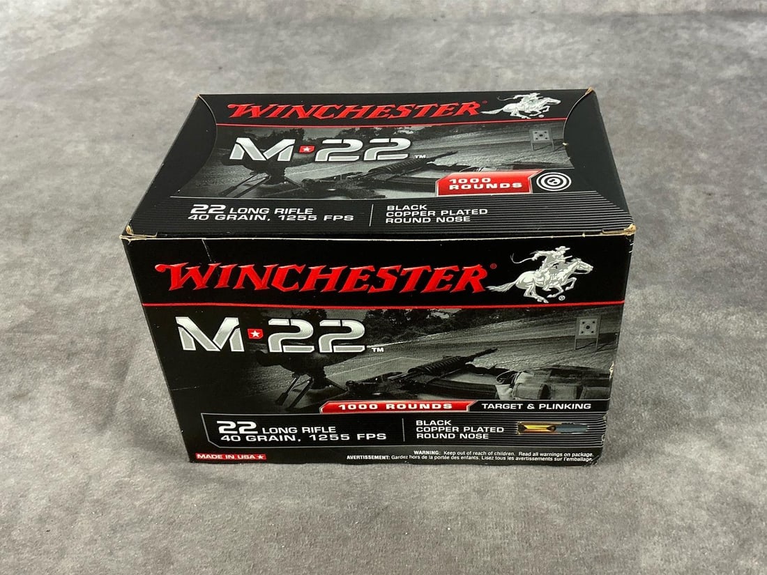 Winchester 22 Ammunition: 1000 rounds. 40 GR long rifle. Box measures 6 inches long X 4 inches wide X 4 inches high.