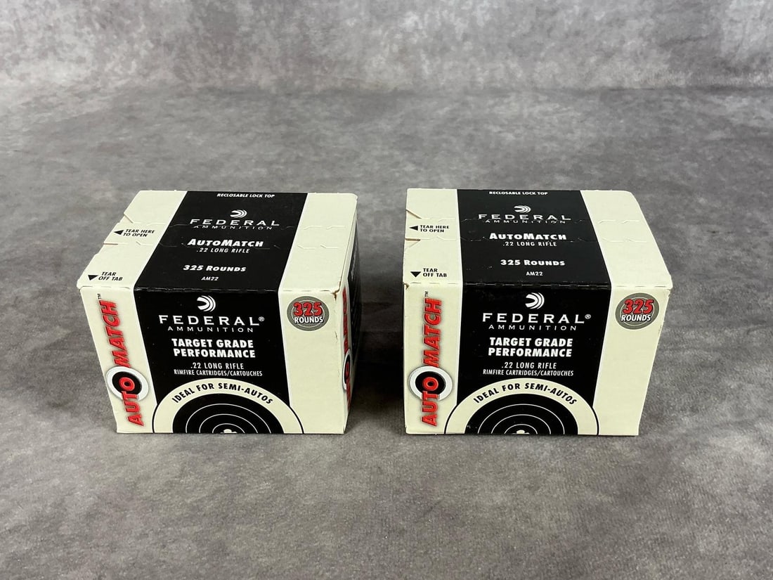 Federal .22 Long Rifle Ammunition: 650 rounds 40 GR AutoMatch. Unopened boxes. Box measures 3.5inches X 3inches X 2.75 inches high.