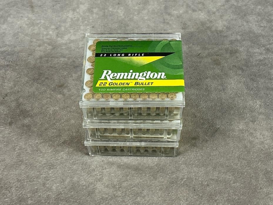Remington 22 Long Rifle Ammunition: 300 rounds golden bullet. Box measures 3.25 inches long X 3 inches wide X 1.25 inches high.