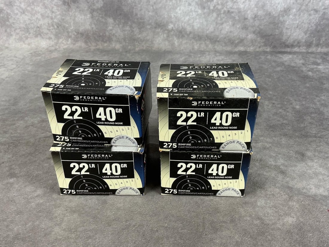 Federal 22 Long Rifle Ammunition: 1,100 rounds 40 GR. Unopened boxes. Box measures 3.5 inches long X 3 inches wide X 2.25 inches high.