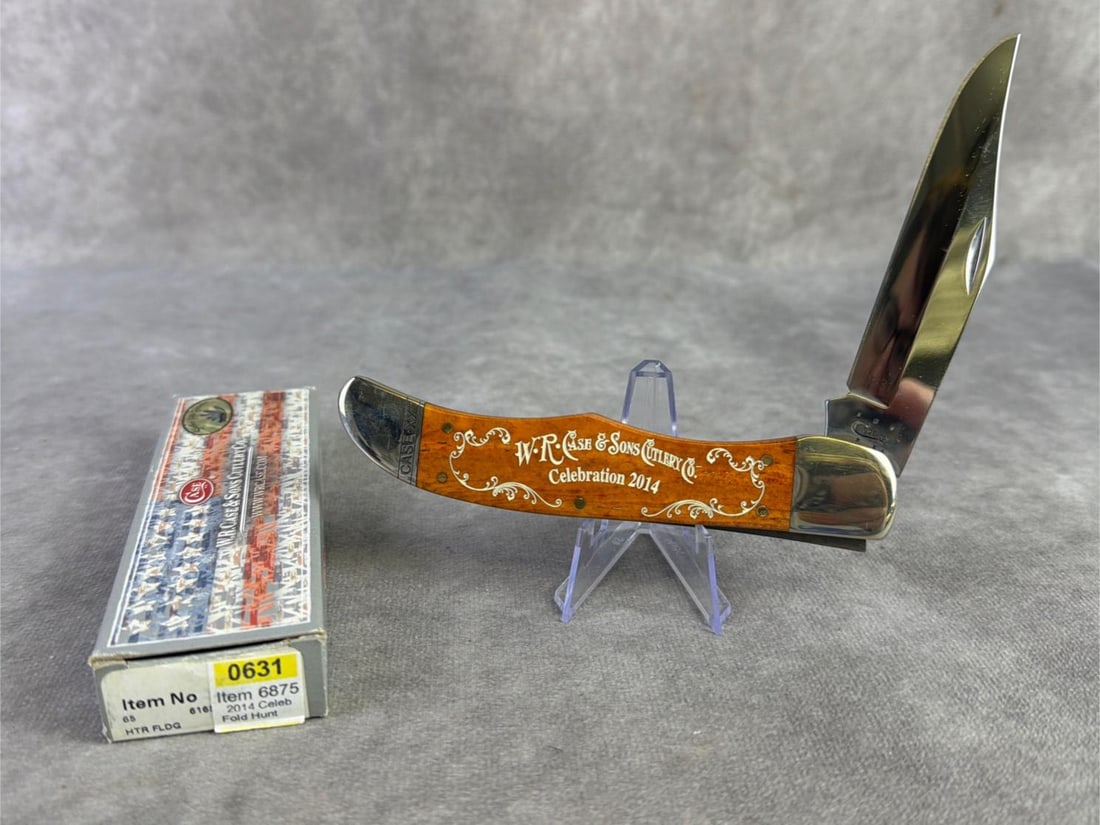 W.R. Case & Sons Knife: W.R. Case and Sons celebration 2014 folding chestnut Hunters knife. Tight snap and unsharpened. Pattern number 6165 ss and number 631 of 1000. Comes in original box and measures 5.25 inches closed.