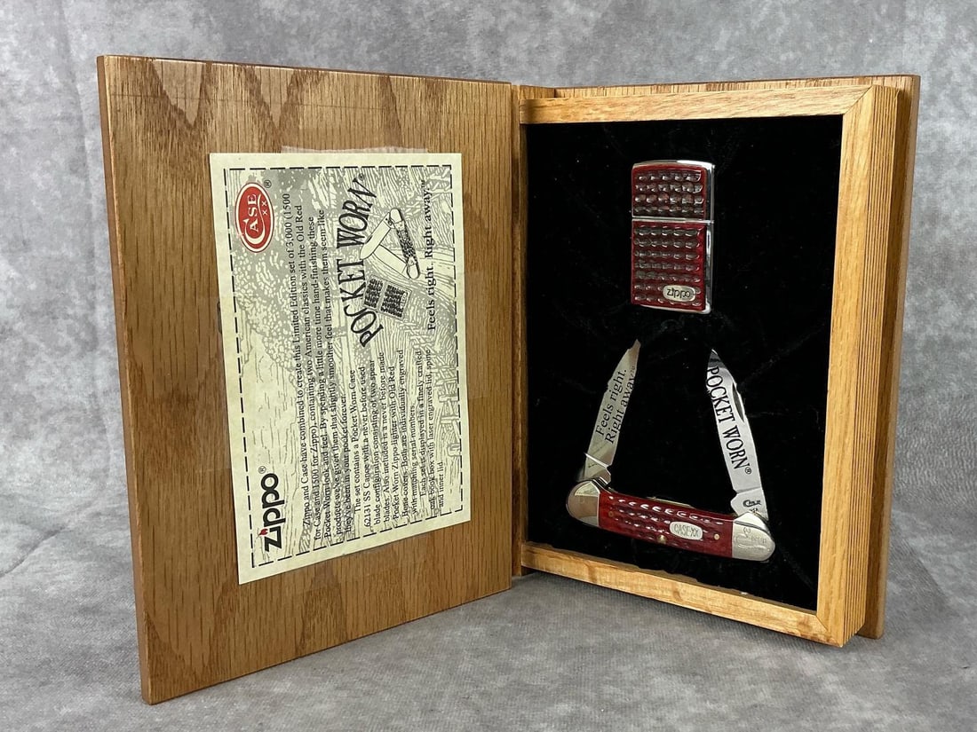 Case XX & Zippo Pocket Worn Set: Special edition combination set. Zippo lighter and 62131SS canoe. In a collectors solid wood box. Never carried or used, tight snap. Very good condition. Box measures 6.5 inches wide x 2 x 8 inches