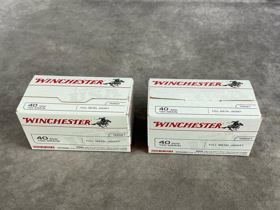 Winchester 40 S&W Ammunition: 178 rounds total. 165 GR FMJ. Box measures 4.25 inches long X 2.5 inches wide X 2.25 inches high.