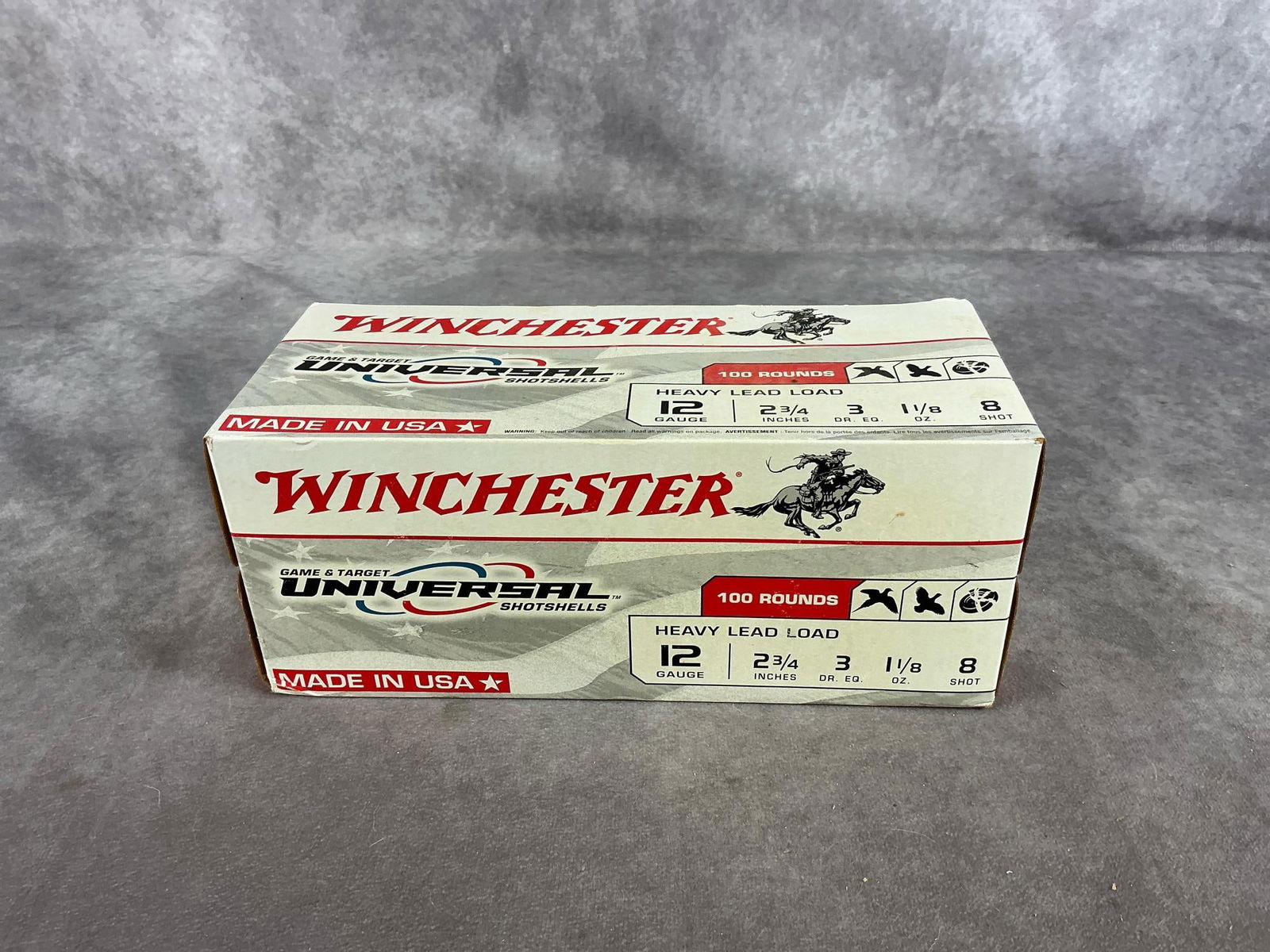Winchester 12 GA Shitgun Shells: 100 rounds total 2 3/4 inch. Unopened box. Box measures 10 inches long X4.5 inches wide X 4 inches high.
