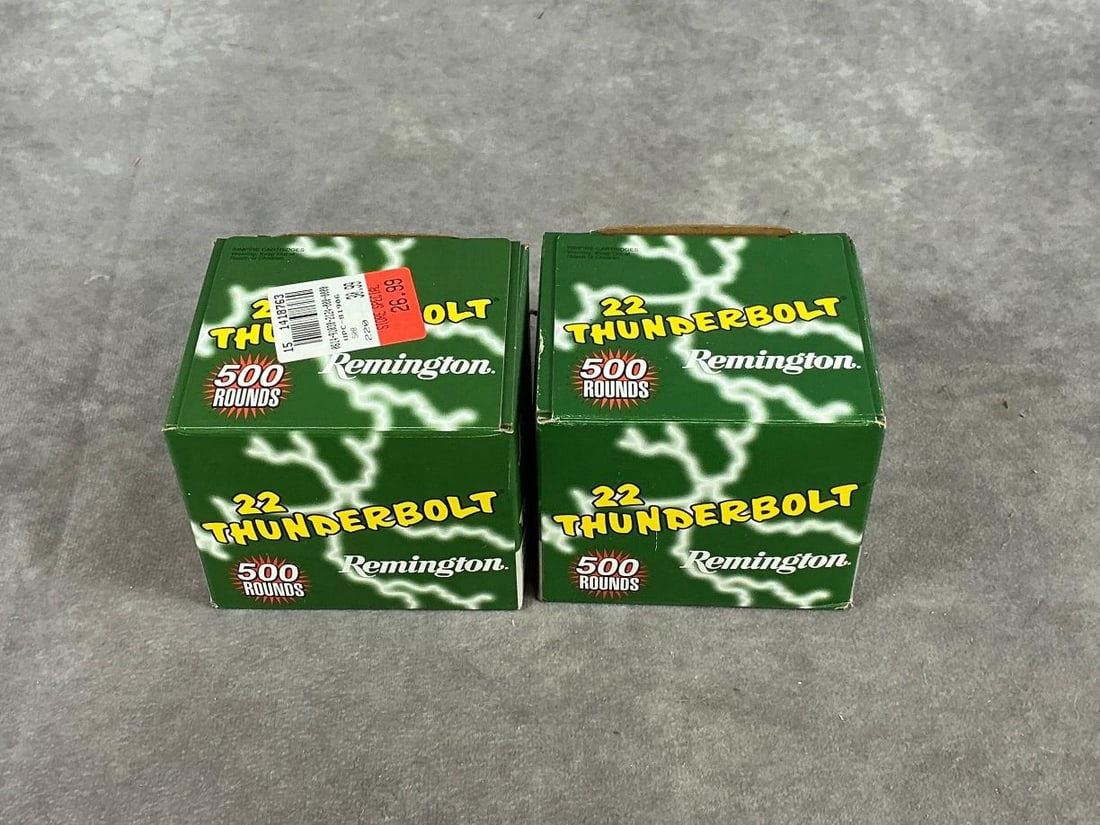 Remington 22 Long Rifle Ammunition: 100 rounds total. 40 GR thunderbolt. Box measures 3.5 inches long X 3.25 inches wide X 3 inches high.