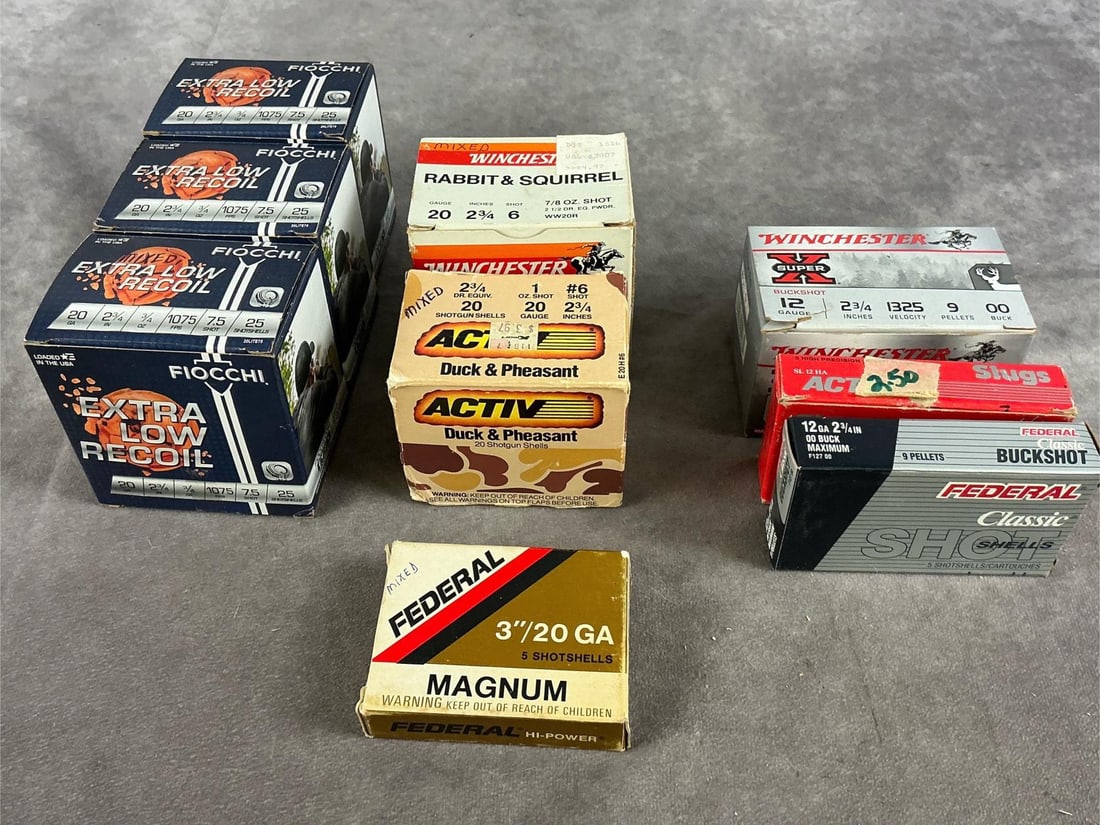 Fiocchi, Federal, Winchester and Activ 20 GA and 12 GA: 160 total shells. 2 3/4 inch and 3 inch. Largest box measurers 3.5 inches long X 2.5 inches wide X 3.5 inches high.