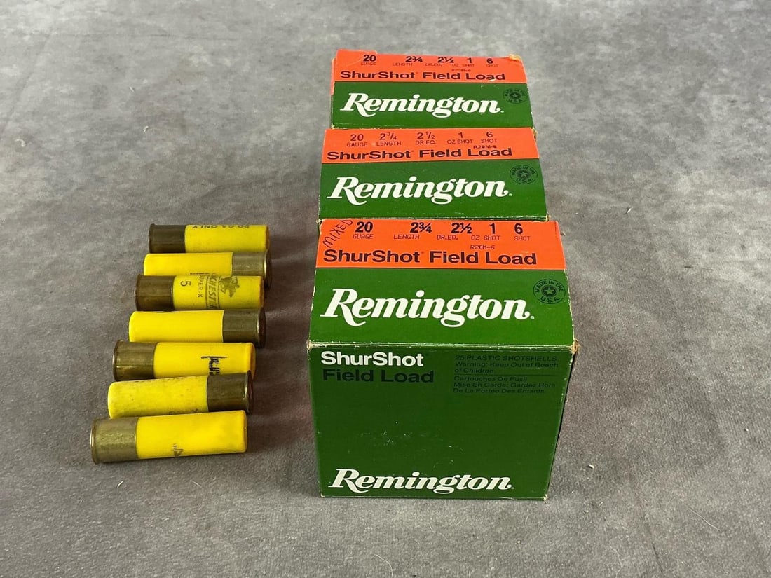 Remington 20 GA Shotgun Shells: 82 total shells. 2 3/4 inches long. Box measures 3.75 inches long X 2.5 inches wide X 3.5 inches high.