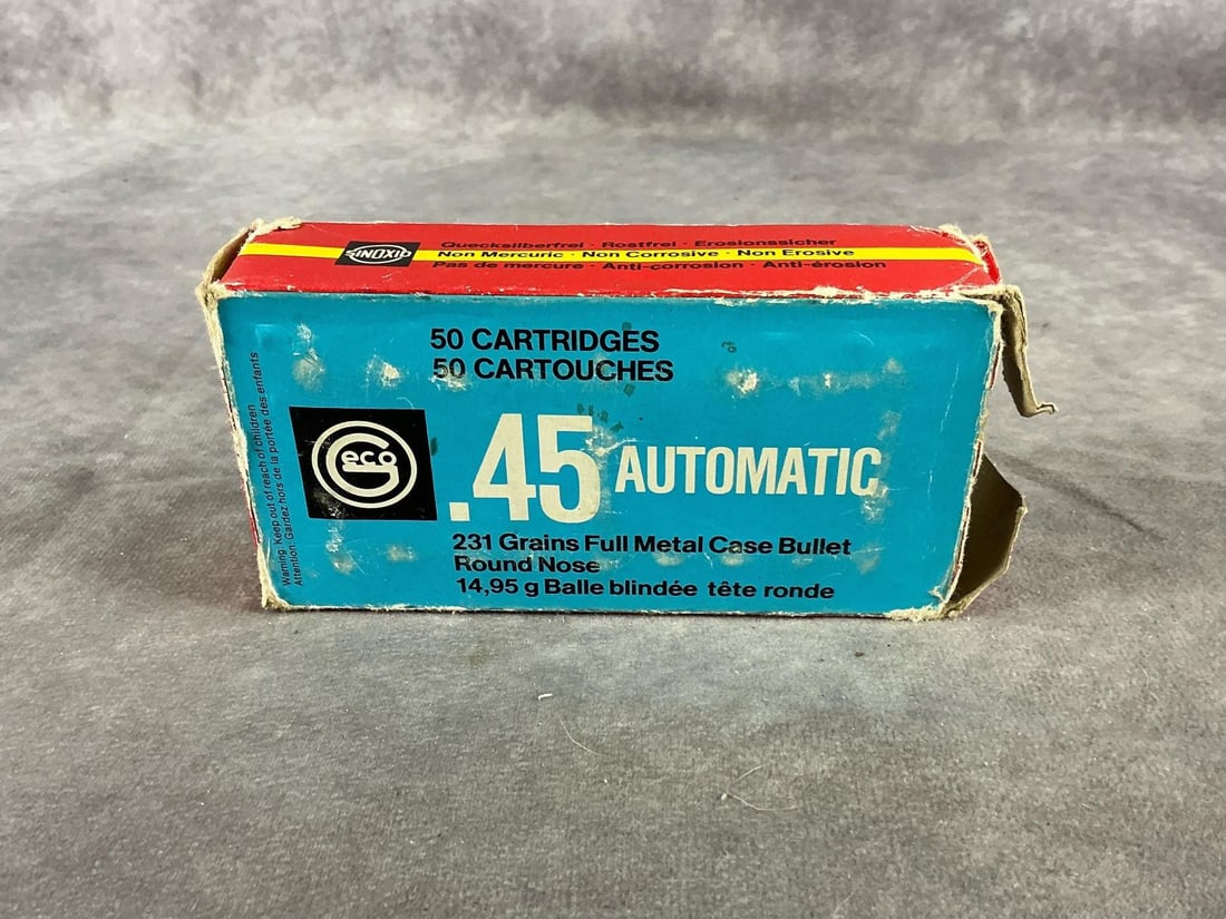 Dynamil Nobel ,45 Automatic: 46 total rounds 231 GR made in Germany. Box measures 5.25 inches long X 2.5 inches wide X 1.25 inches high.