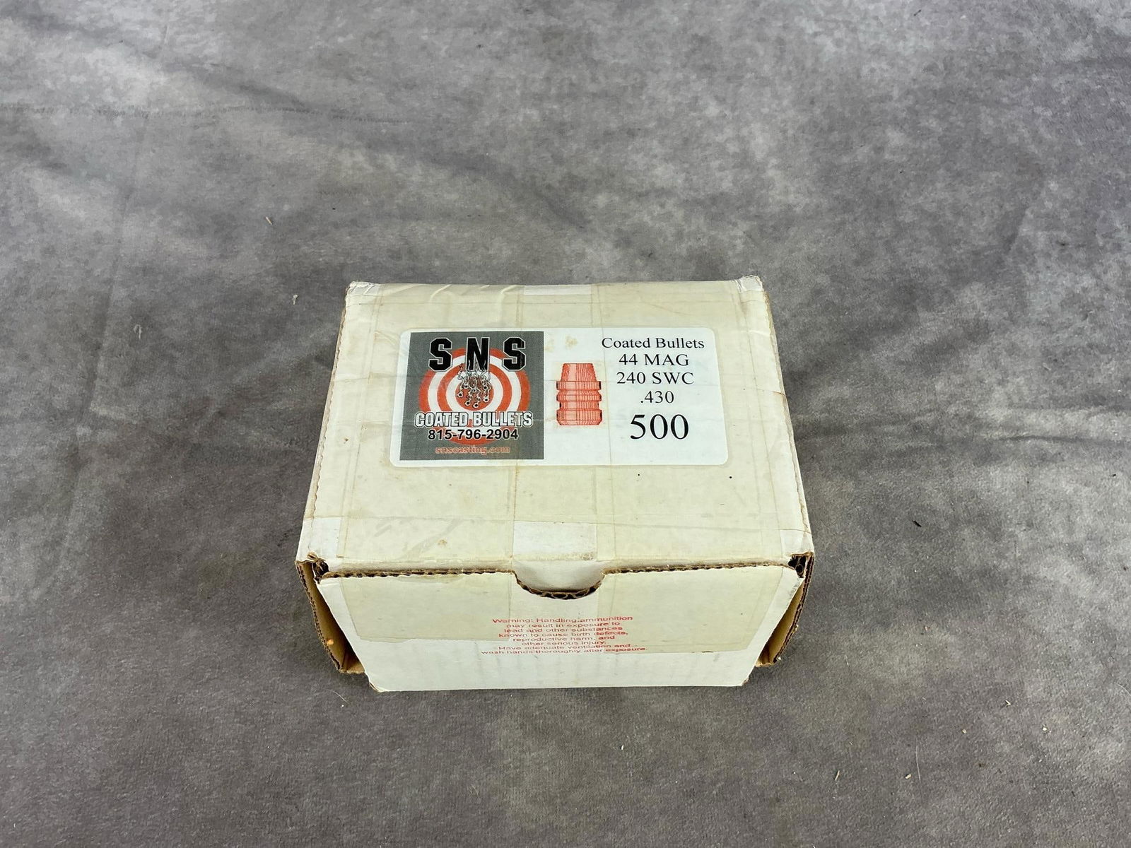 SNS 44 Magnum Cast Bullets: 500 total 240 SWC 430 Dia. Wadcutter coated bullets. Unopened box. Box measures 6 inches long X4.5 inch he's wide X 4.5 inches high.