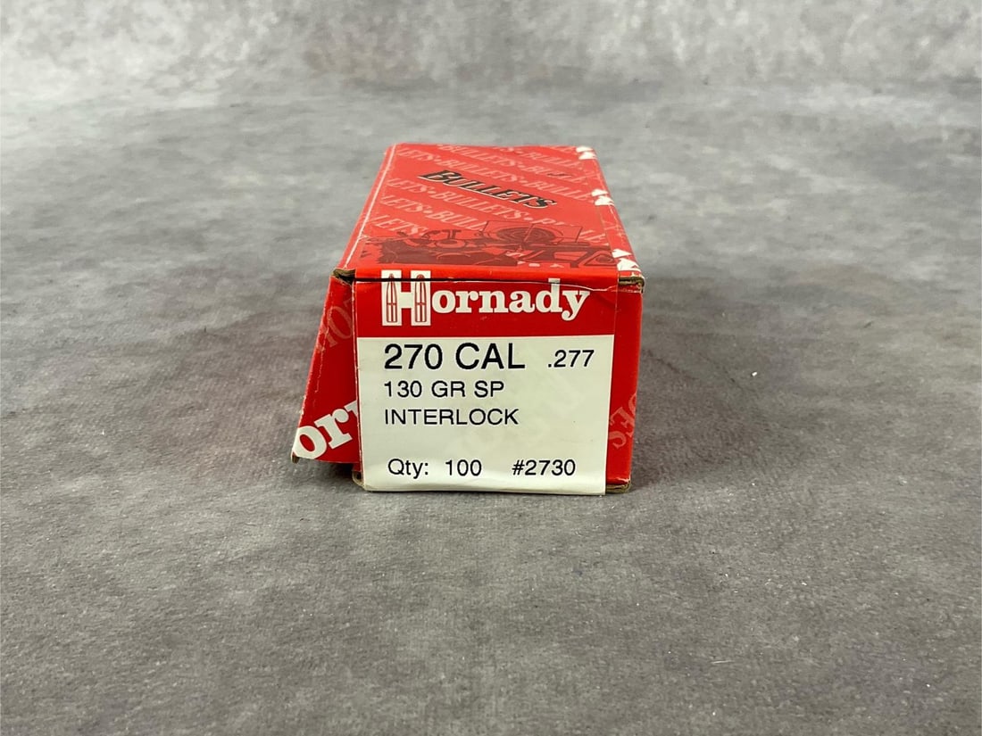Hornady 270 cal Bullet: 1 box, quantity 100 total #2730 .277 130 GR SP interlock bullet. New and in good condition. Box measures 4.25 inches long X 2 inches wide X 1.5 inches high.