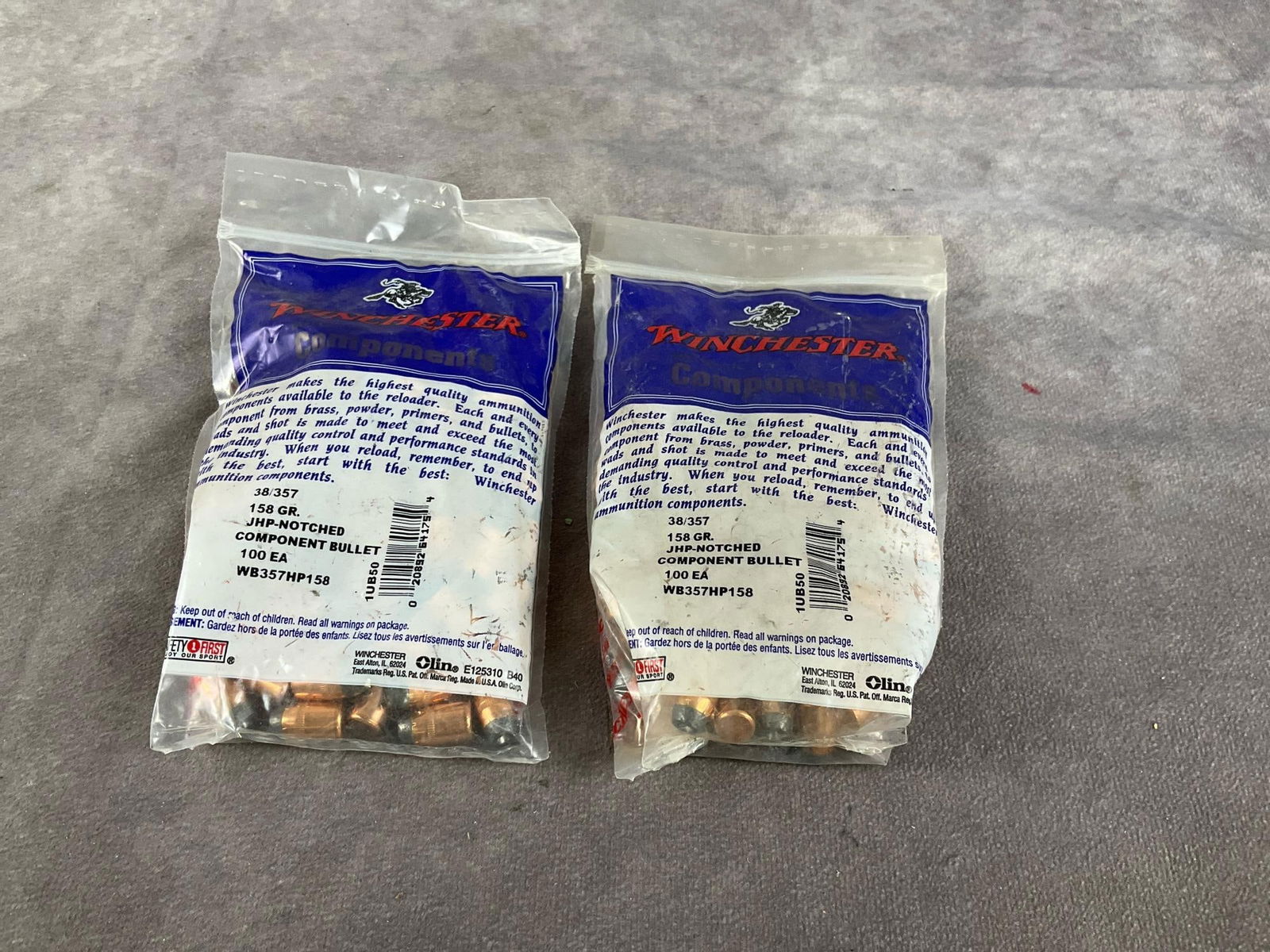 Winchester 38/357 Bullet: 2 bags 200 total 158 GR JHP notched bullet. New in bag. Bag measures 7 inches long X 3.5 inches wide X 1 inch high.