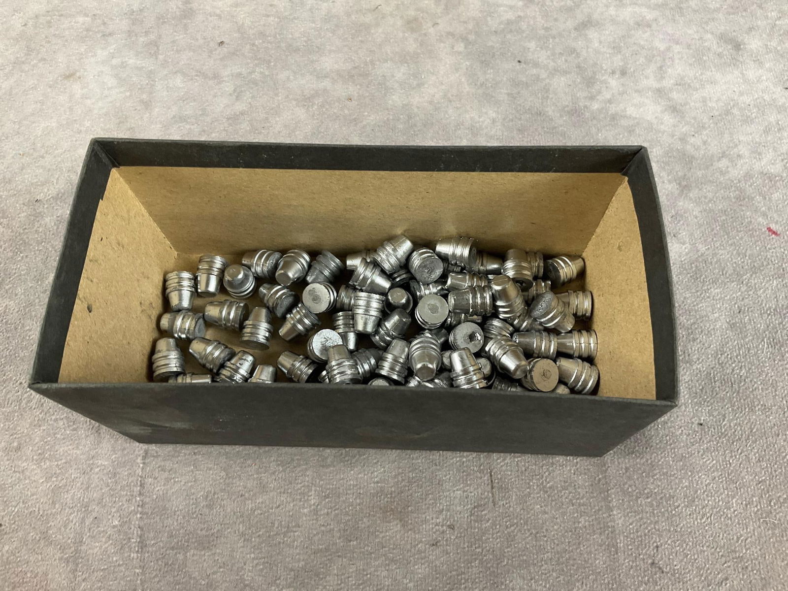 45 Cal Hand Cast Bullet: 75 total 195 GR .453 Dia. semi- wadcutter bullet. Box measures 7 inches long X 3 inches wide X 3 inches high.