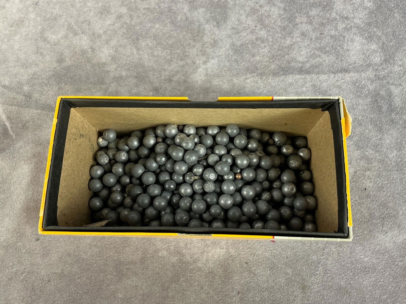 Round Lead Balls: 325 total various diameters. Lead balls for sling shots. Box measures 7 inches long X 3 inches wide X 3 inches high.
