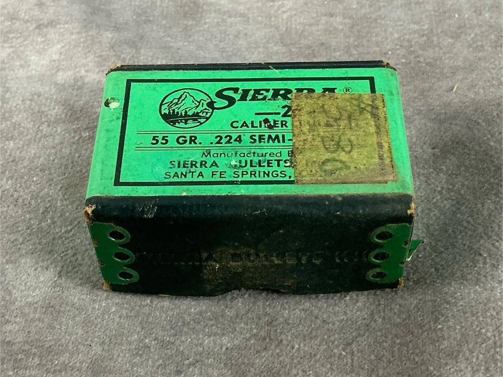 Sierra .22 Bullets: 97 total. Vintage 55 GR .224 Dia. Semi-point bullets. Box measures 2.5 inches X 1.5 inches wide X 1 inch high.