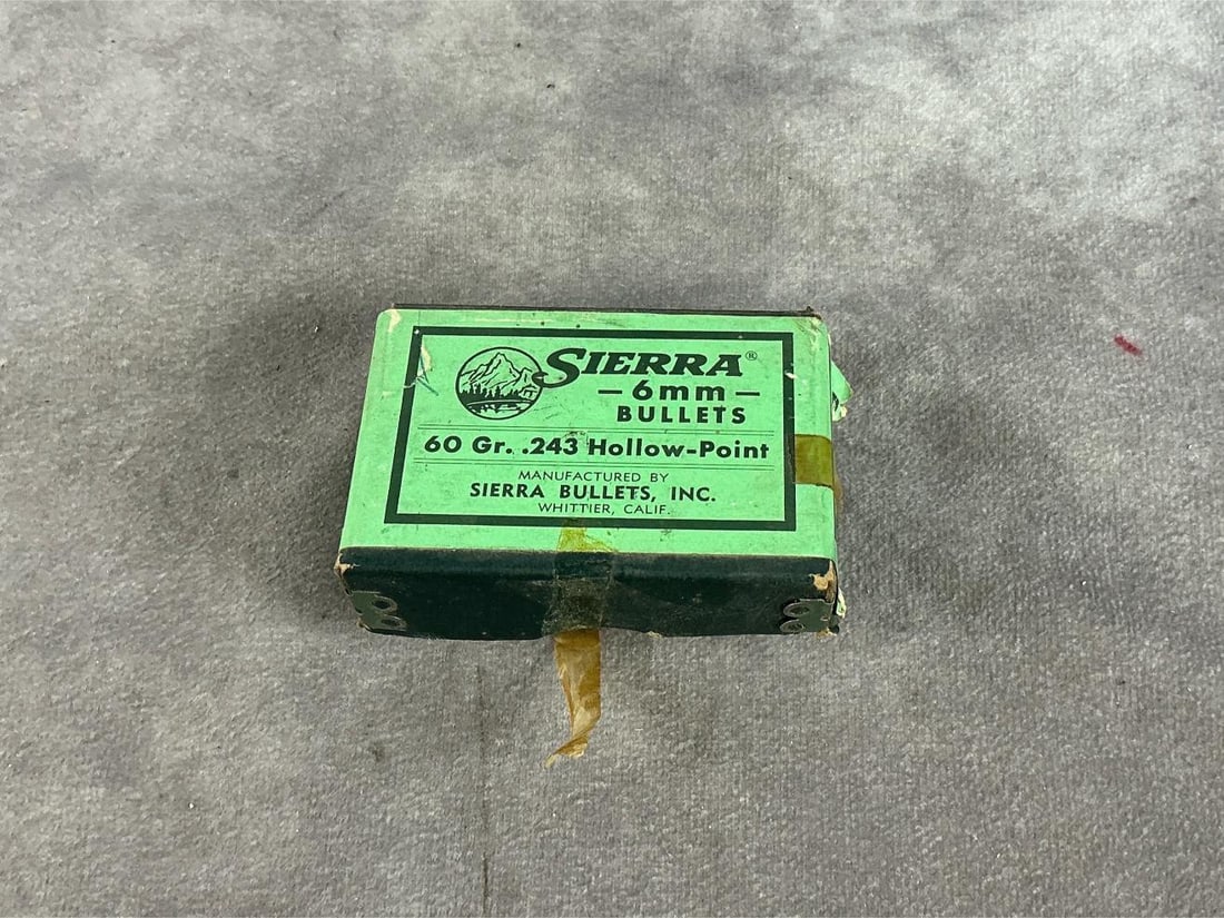 Sierra 6 MM Bullets: 178 total Vintage 60 GR .243 hollow-point bullets. Box measures 3.25 long X 2 inches wide X 1 inch high.