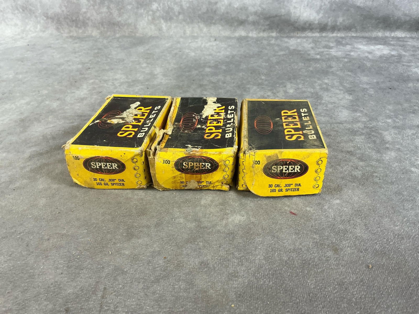 Speer 30 Caliber Bullets: 268 total. Vintage 165 GR. .308 Dia. spitzer bullets. Box measures 4 inches long X 2.5 inches wide X 1.5 inches high.